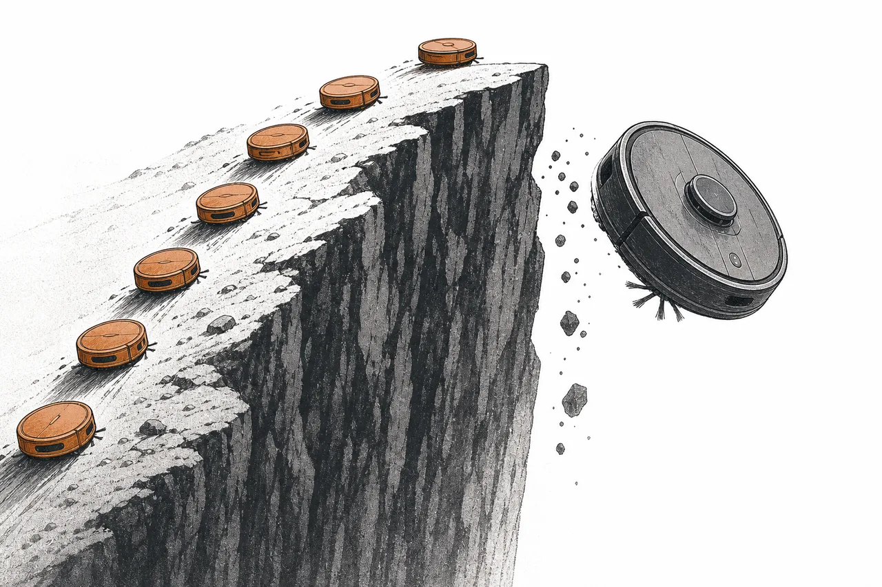 A big pioneering robot vacuum falling off a cliff, while several smaller robots climb up to the cliff's summit in its place