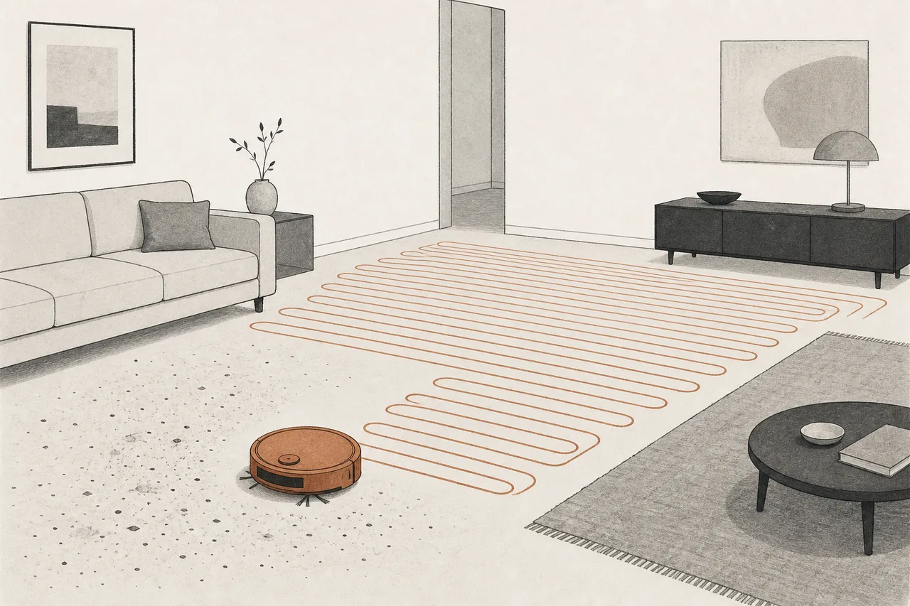 A small round robot vacuum moving through a quiet living room as it cleans, the path it has traveled drawn behind it like a map of the room