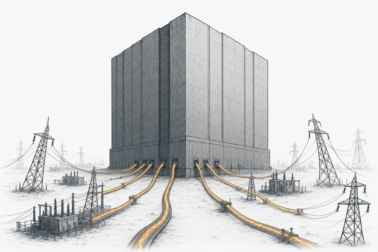 A giant data center drawing power from a grid bowing under the load. The power lines are stretched taut