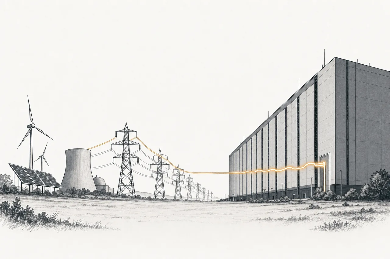 A giant data center plugged into many thick power cables, drawing energy from a diverse field of sources — solar panels, wind turbines, and nuclear cooling towers