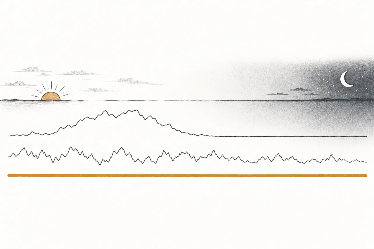 A flat nuclear-energy line running steady through day and night, set against the sawtooth ups and downs of solar and wind