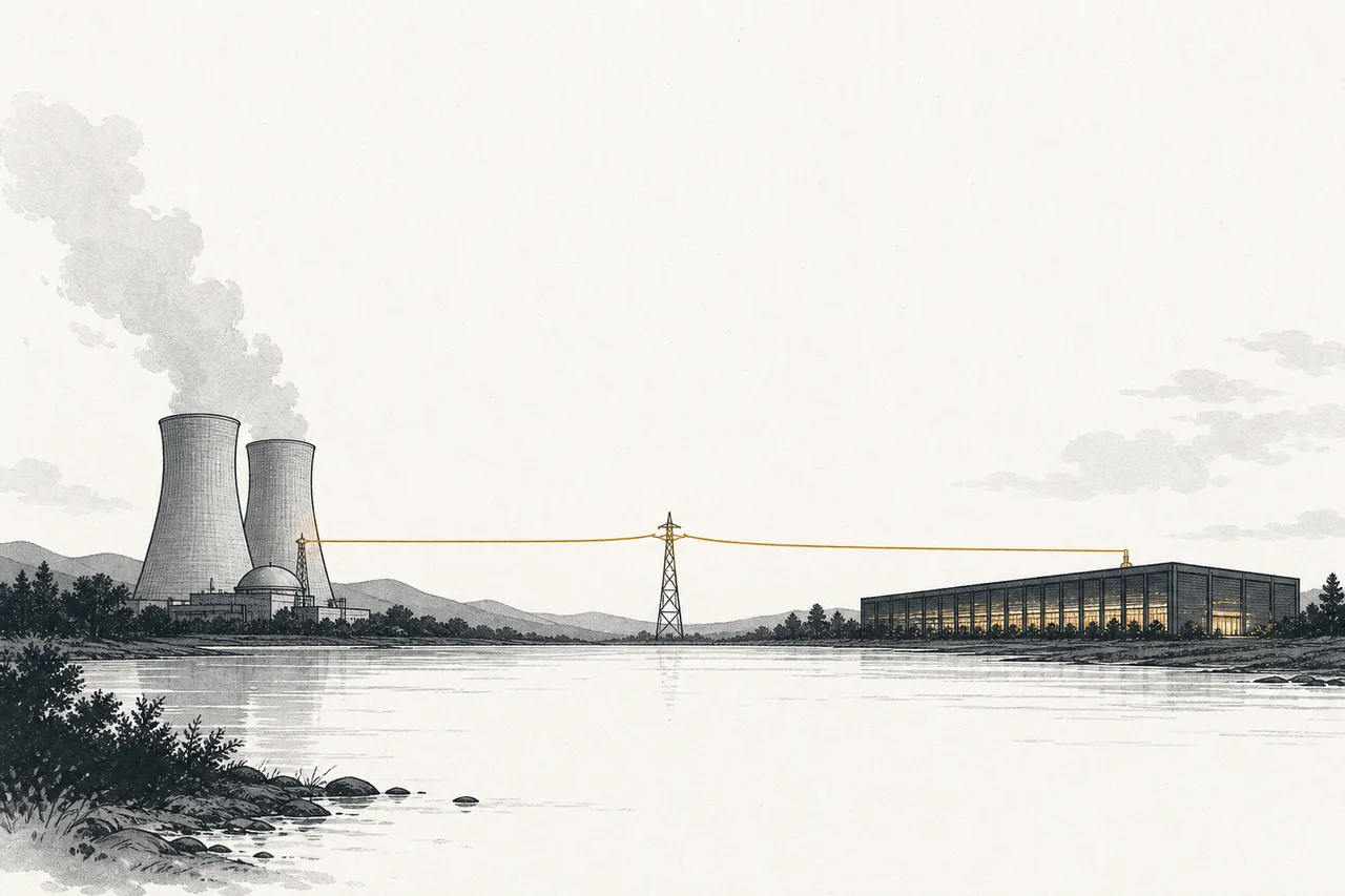 A nuclear power plant sitting quietly at dusk, with transmission lines running straight into a brightly lit data center