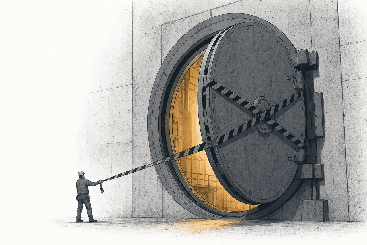 Workers pulling away the barrier tape and opening the door of a sealed-off reactor, bringing it back to life