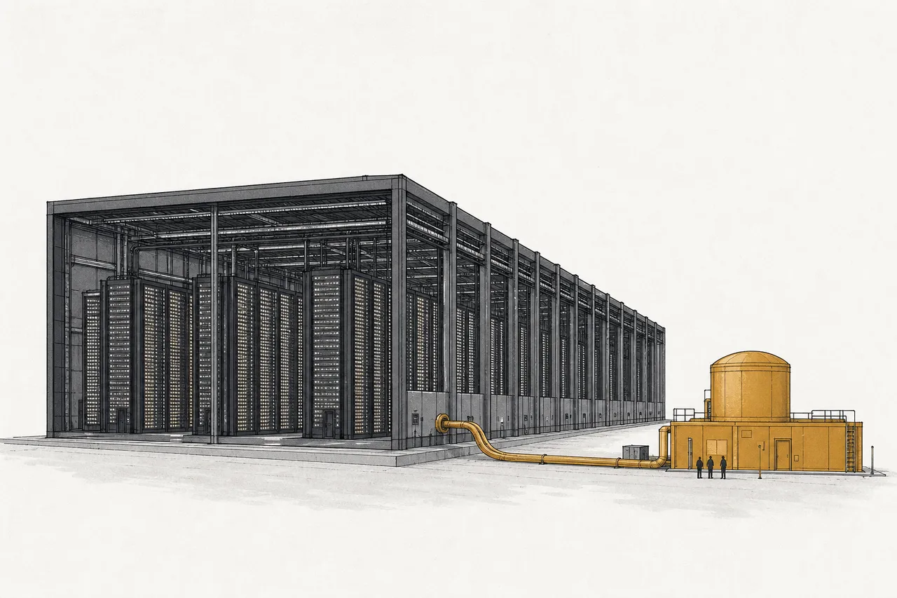 A massive AI data center glowing with energy hunger, with power lines running out to a small reactor placed beside it, like a private energy tank