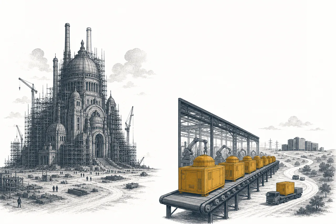 A single giant nuclear plant on one side; on the other, several identical small reactors rolling off a factory assembly line, waiting to be shipped out and set down next to data centers