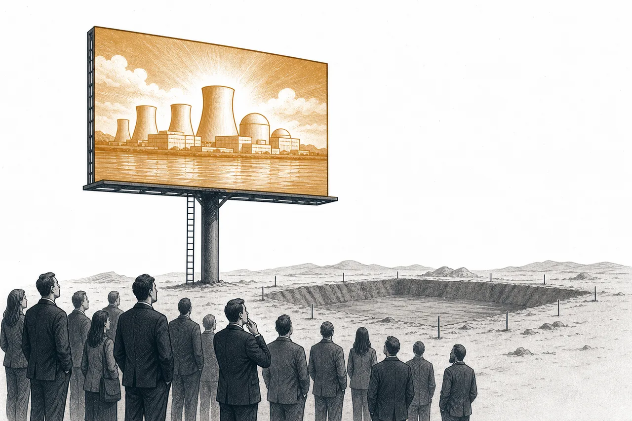 An investor stands looking up at a beautiful billboard of future reactors, but the real ground in front of them is still just an empty, freshly dug construction pit