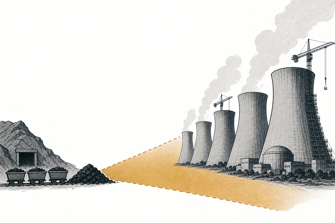 Rows of nuclear reactors needing more fuel than uranium mines can dig out, with the gap between them widening