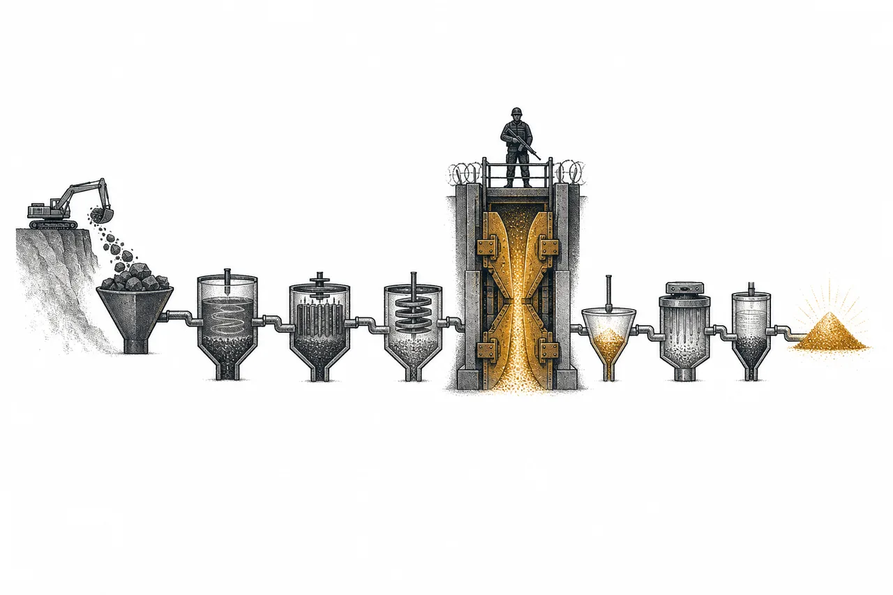 A uranium-refining path that grows purer from left to right, with a narrow, guarded gate in the middle as the hardest step