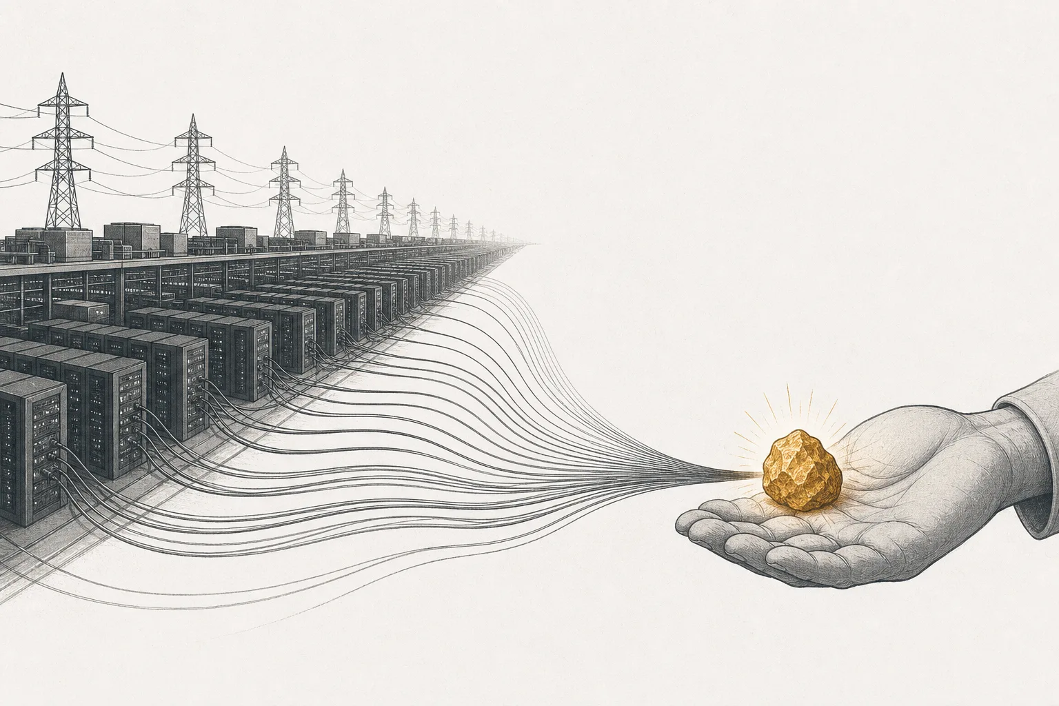 A huge number of power lines flow out from a massive data center and trace back to converge on a single small lump of ore in a miner's hand, signaling that AI's hunger for power flows back to the upstream of the chain.