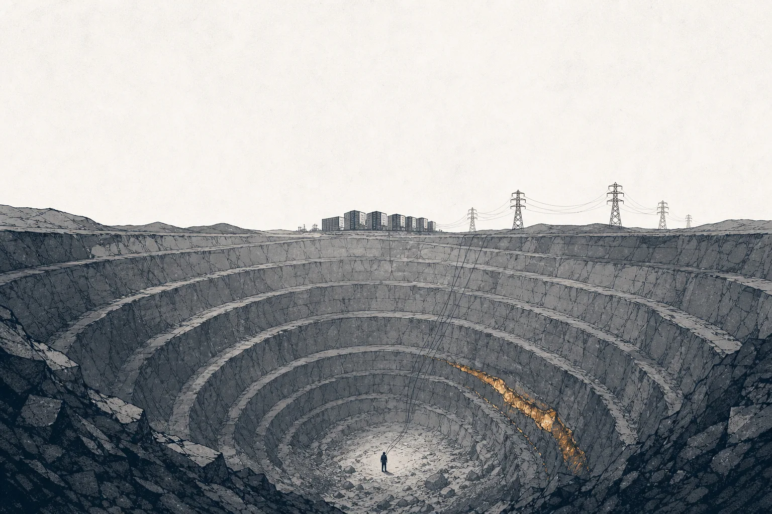 A tiny miner stands at the bottom of a huge open-pit mine, looking up to see power lines and the silhouettes of data centers lined up on the distant horizon, signaling that the AI era's electricity begins with ore dug from the ground.