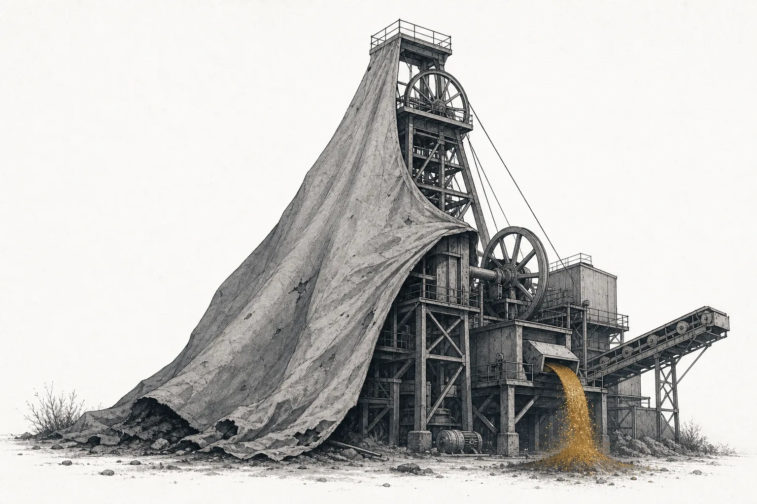 A mine project sign that had been covered by a dusty tarp is slowly uncovered, with machinery starting to run again, signaling the new wave of uranium mines returning after a long pause.