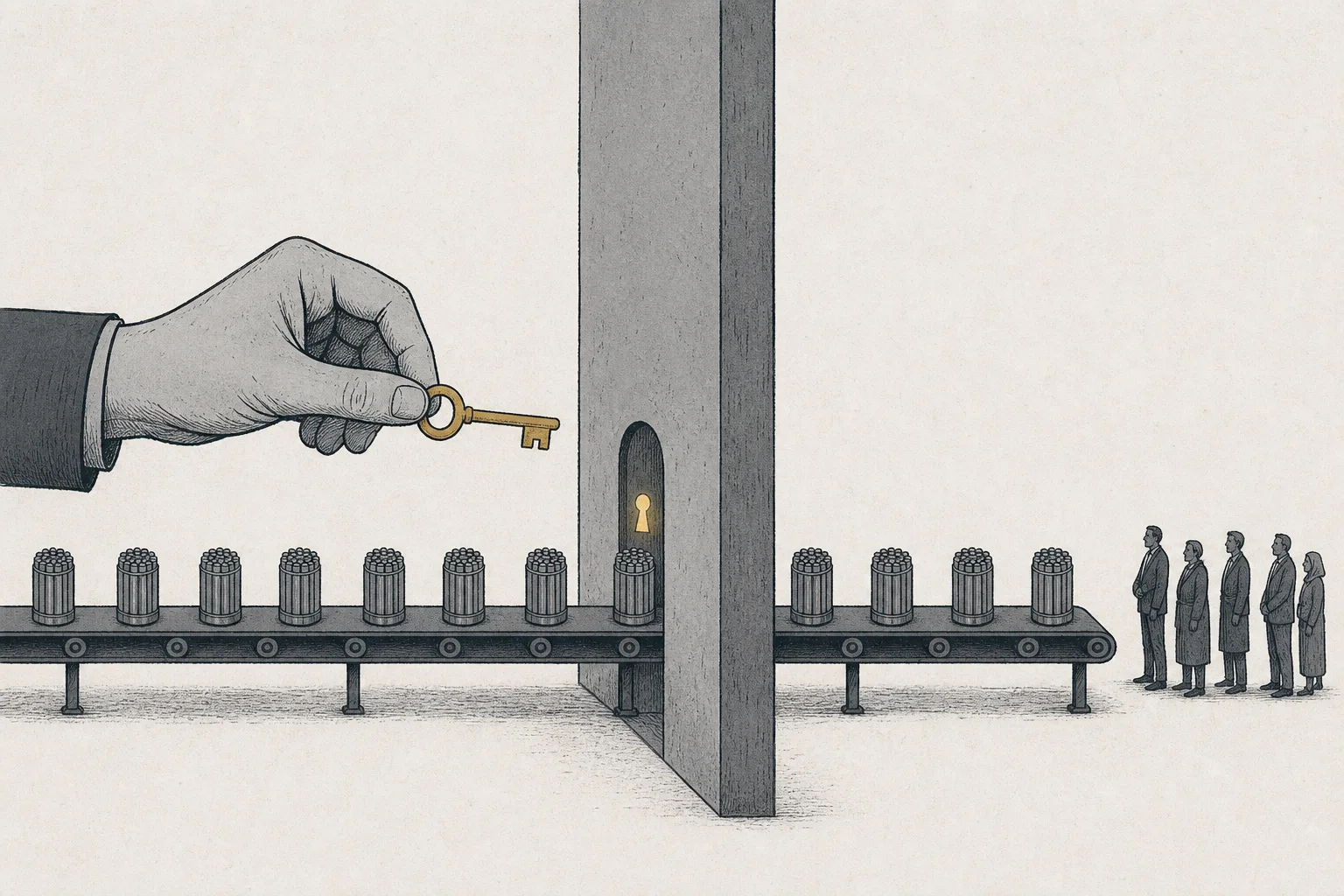 A single narrow gate blocks the middle of a conveyor carrying fuel, while one hand alone holds the gate's key and a group of people waits on the other side.
