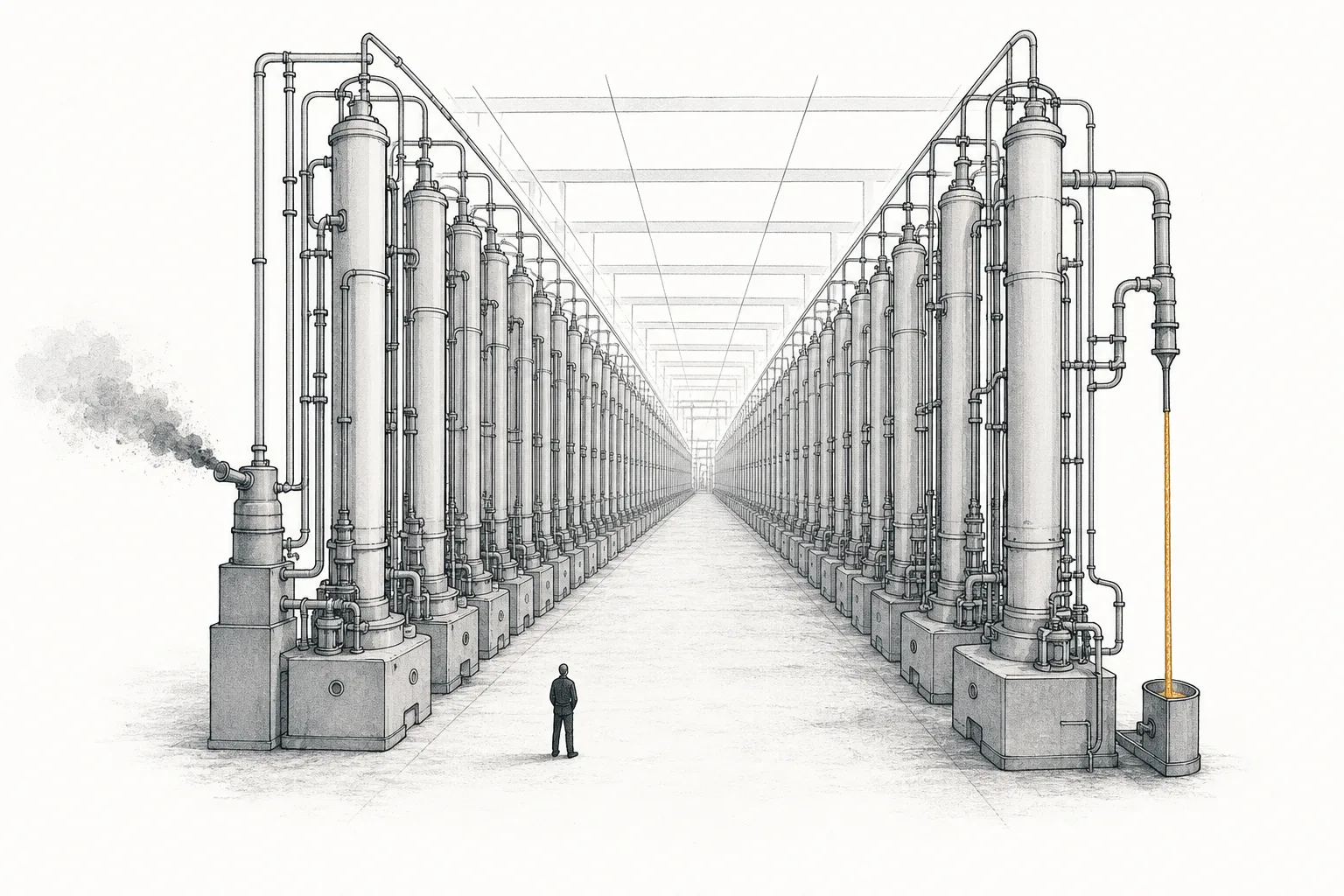 A long corridor of tall centrifuges lined up one after another, separating uranium isotopes step by step, with a single thin pipe carrying the concentrated fuel out at the far end.