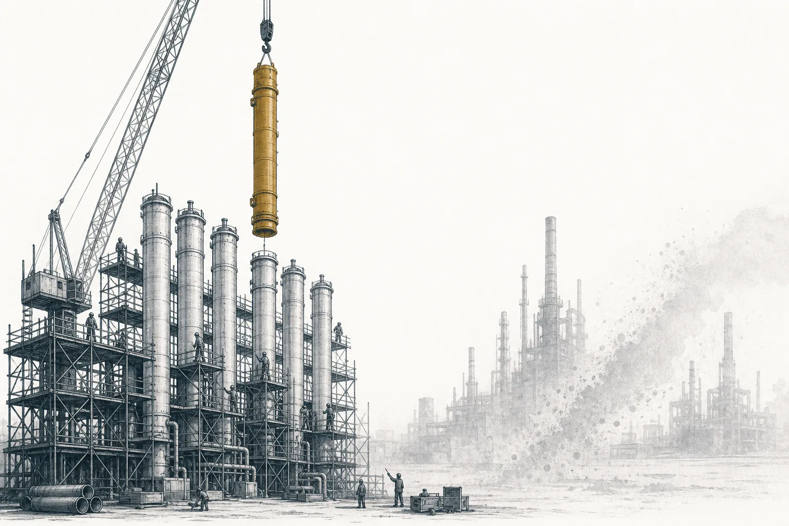 Workers building a new row of centrifuges in a Western plant, while the shadow of the old plant on the opposite side slowly fades away, symbolizing bringing the supply chain back home to rebuild it.