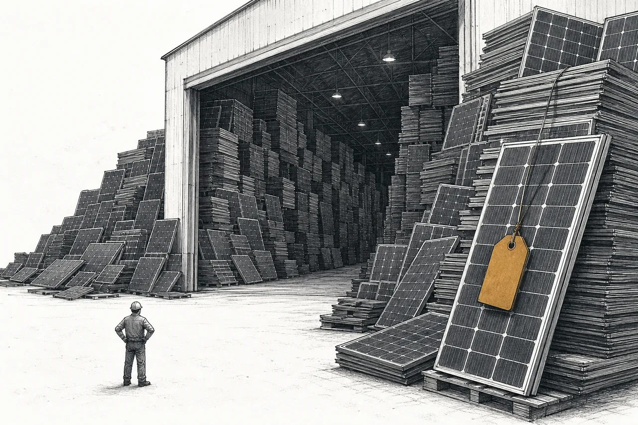 A giant warehouse packed with solar panels stacked overhead and overflowing outside the building, with a small worker standing and looking on with concern