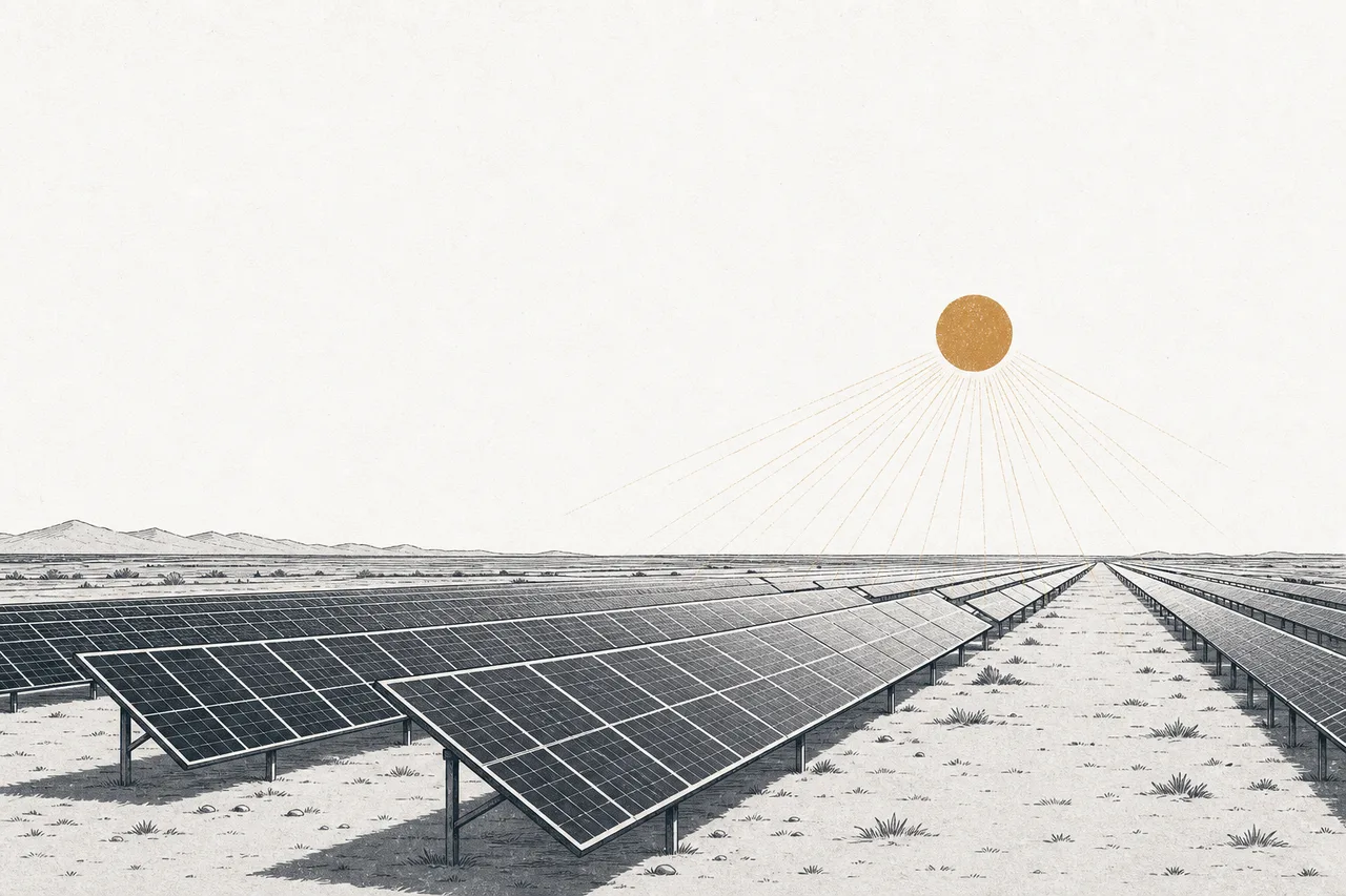 A vast field of solar panels stretching to the horizon, with a single sun shining down as the focal point