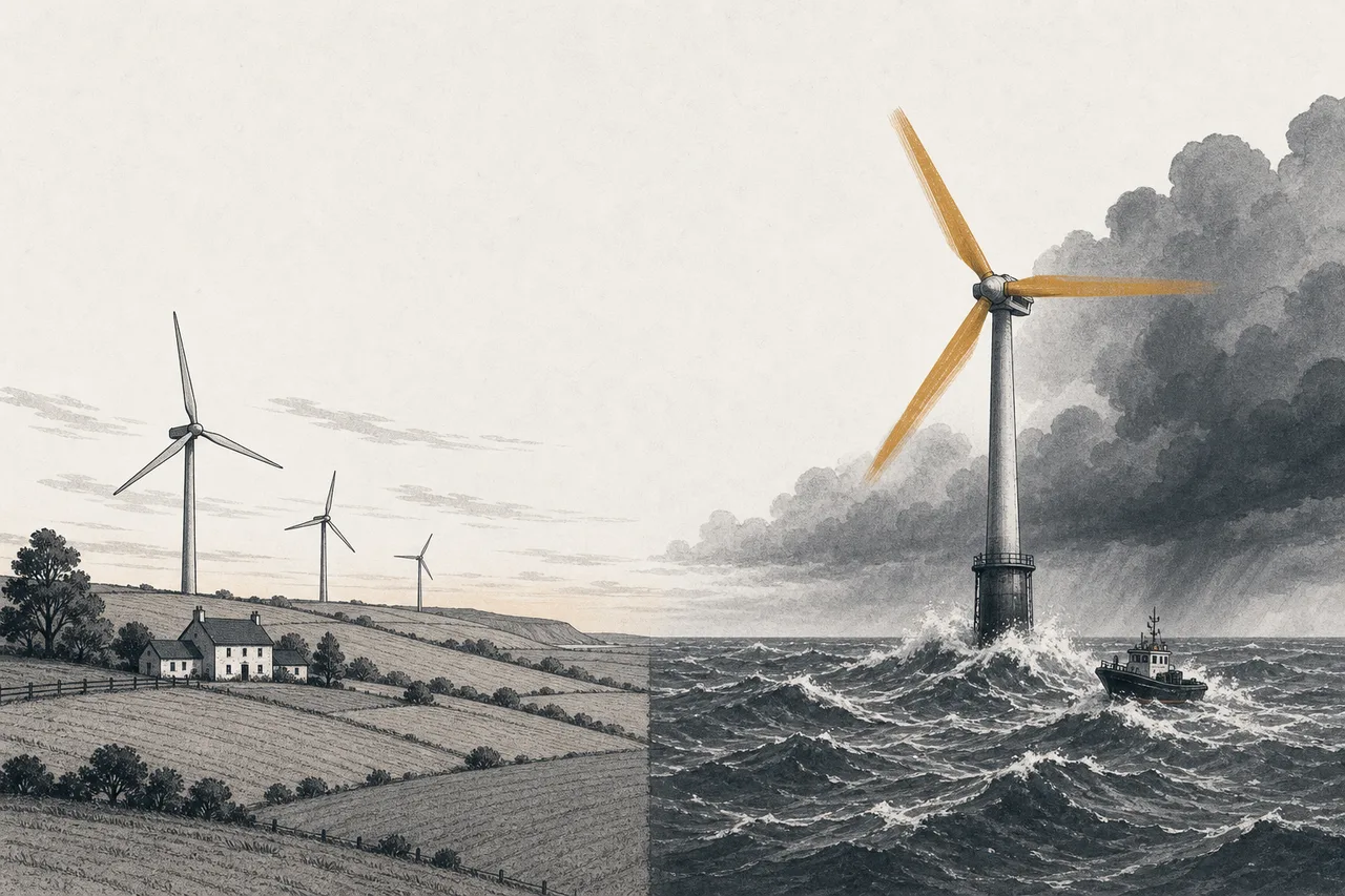 On one side, a calm field of turbines on rolling hills; on the other, a giant turbine out at sea amid crashing waves and storm clouds