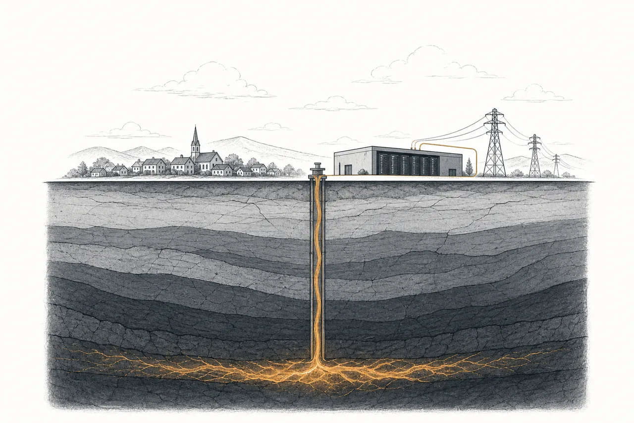 A drilling rig boring straight down into the hot rock beneath the surface, with golden streams of heat flowing back up to feed the city and data centers above
