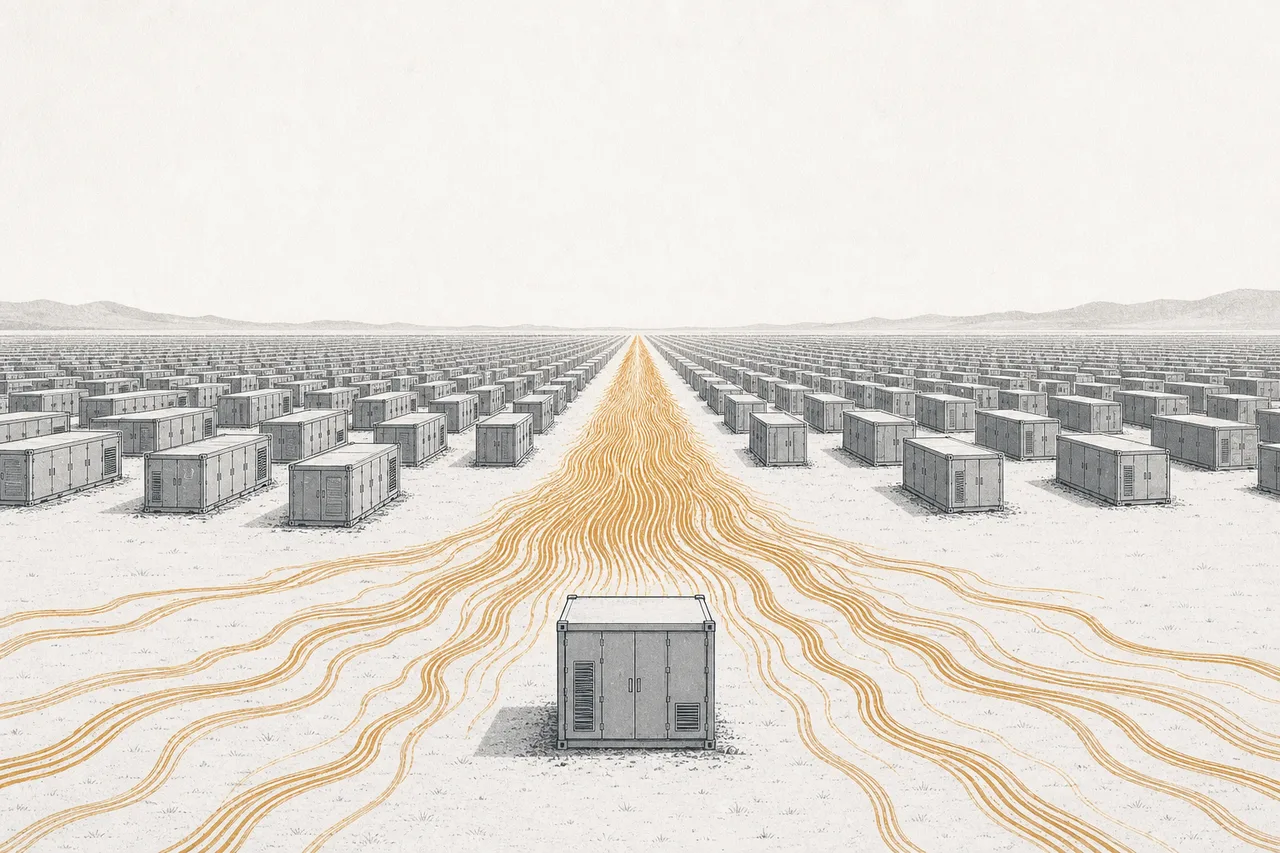An enormous number of grid battery containers lined up in a vast field stretching to the horizon, signaling a production capacity that dominates the world market