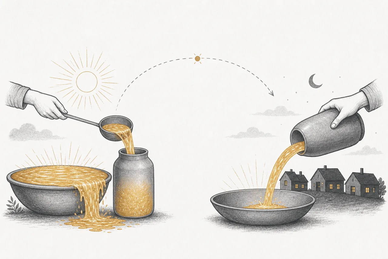 The midday solar surplus is scooped into a bucket, then poured back out at dusk, when power demand spikes