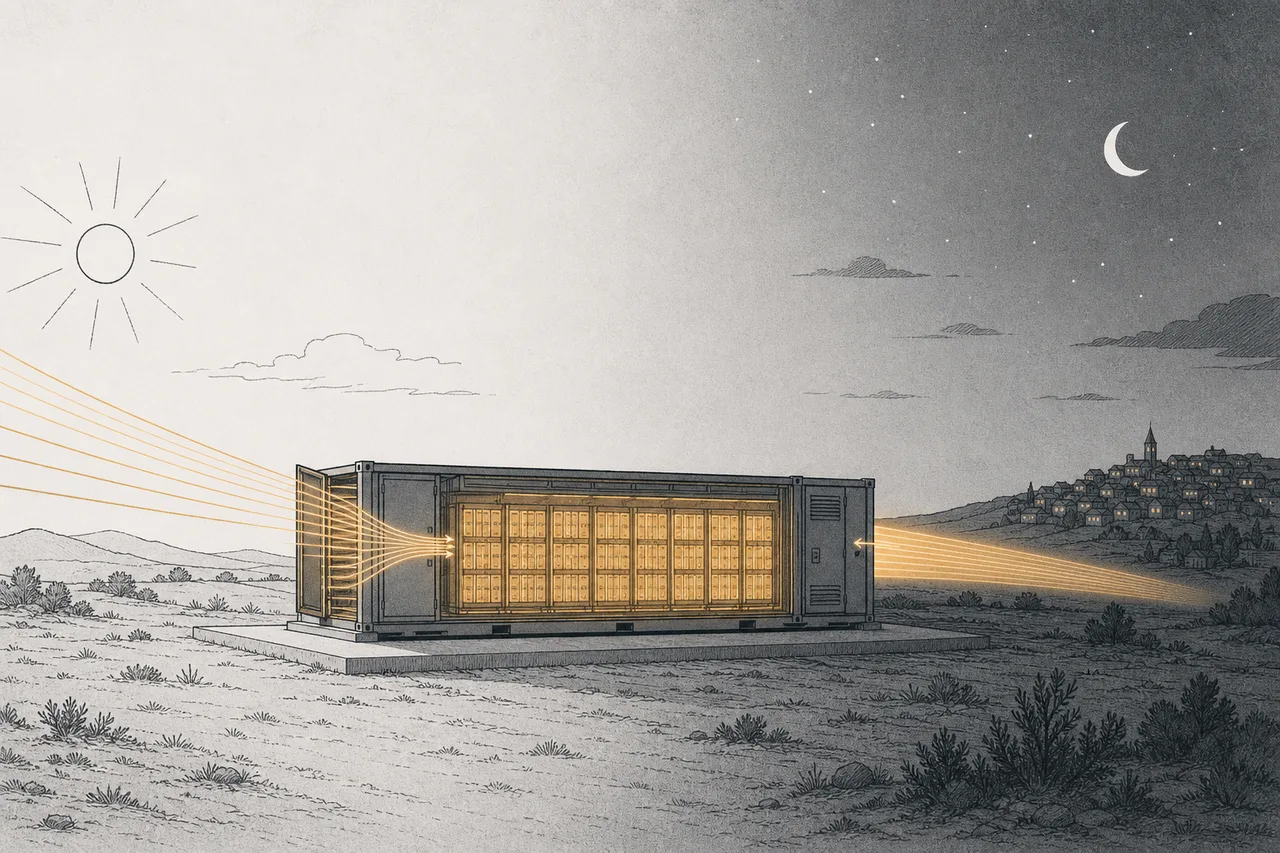 A giant battery soaks up the midday sun into its body, then releases that energy as light at night, when the city needs power