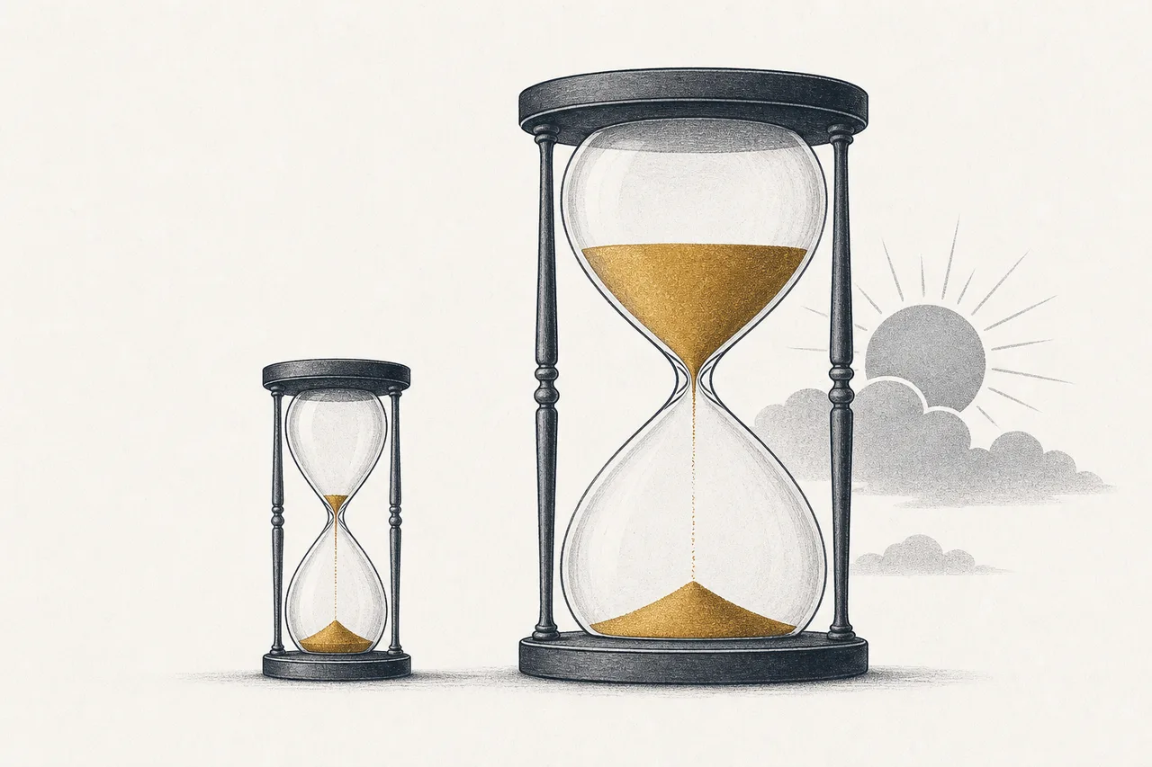 Two hourglasses side by side; one runs out fast, the other much slower and lasts for days — representing short-duration and long-duration storage