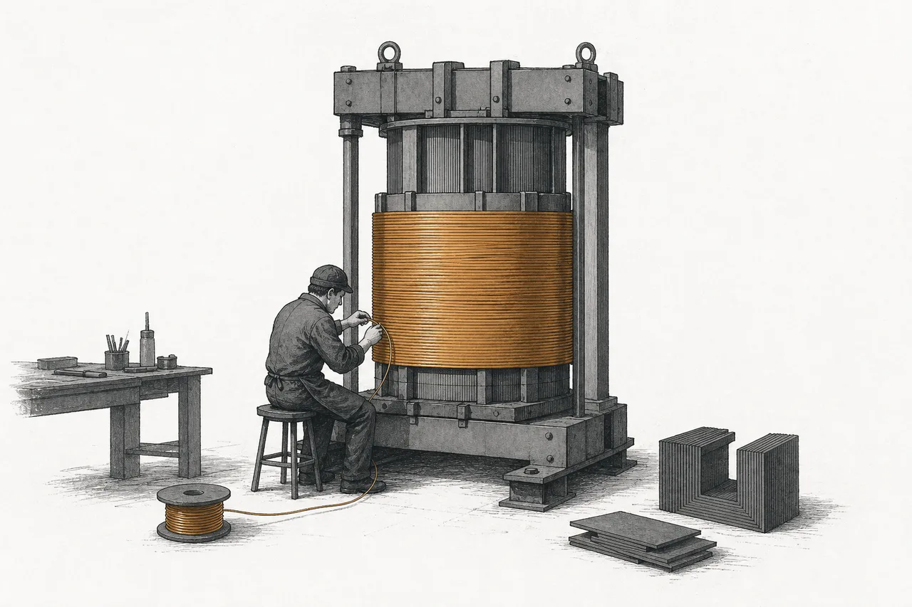 A craftsperson hand-winding a copper coil around the iron core of a transformer