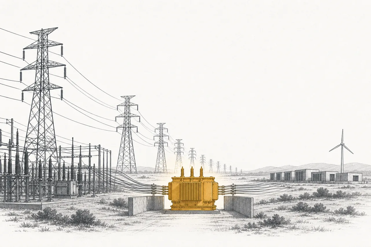 Power lines and transformers arranged like a long corridor, with a single transformer glowing gold at the bottleneck