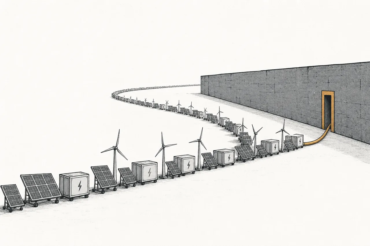 A long line of power plants and battery farms waiting to plug into the transmission lines, but the entrance gate is very narrow