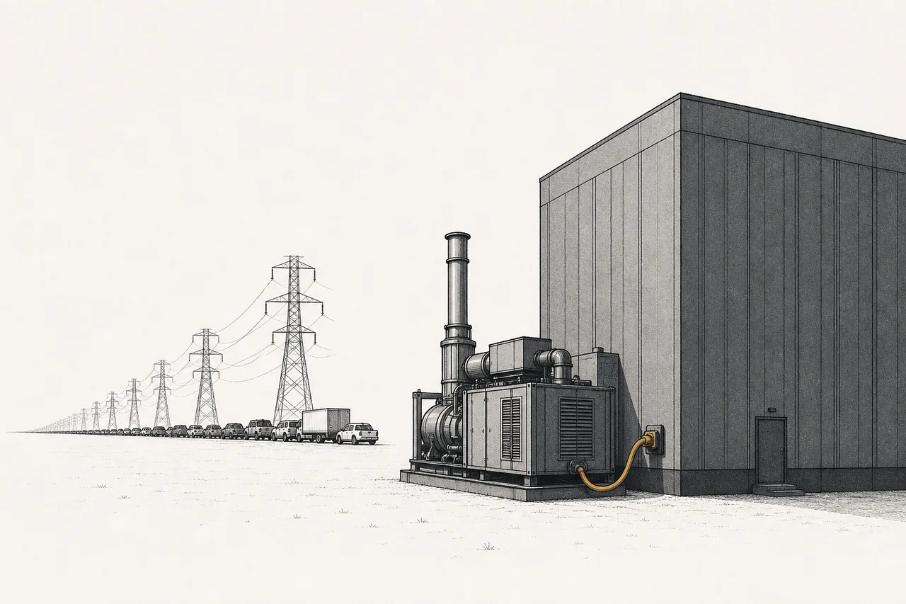 A large data-center building with a small gas-turbine power plant sitting right beside it, wired in directly, while far away a long queue of cars waits to connect to the public grid's transmission lines