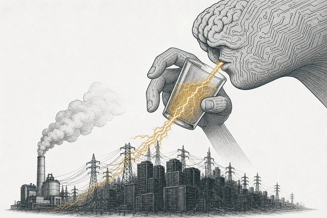 A giant hand shaped like an AI brain lifts an enormous glass sucking electricity from a whole city and its grid, while a gas power-plant smokestack ramps up to refill it