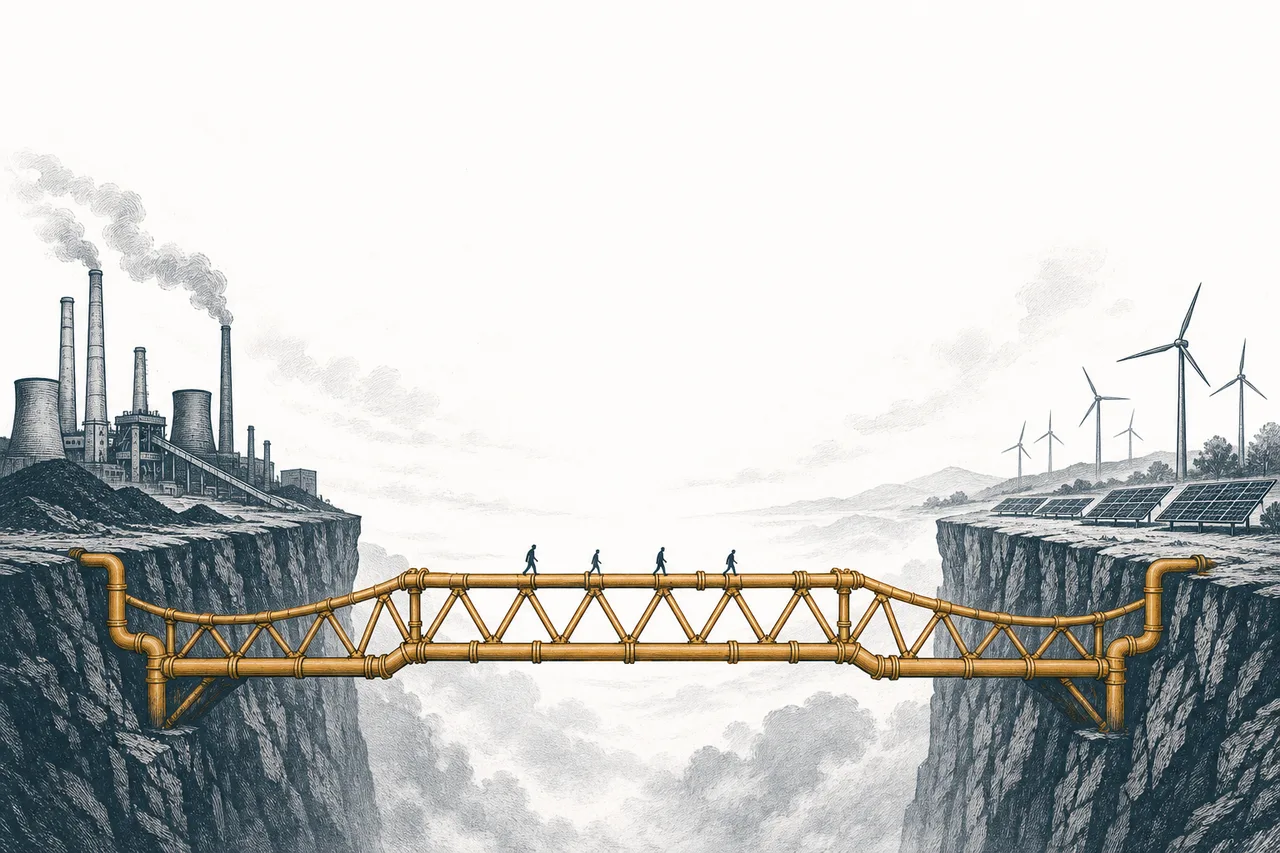 A bridge spanning a deep canyon. On one side, the smokestacks of an old-era fossil power plant; on the other, a field of wind turbines and solar panels. The bridge's frame is made of gas pipelines you walk across