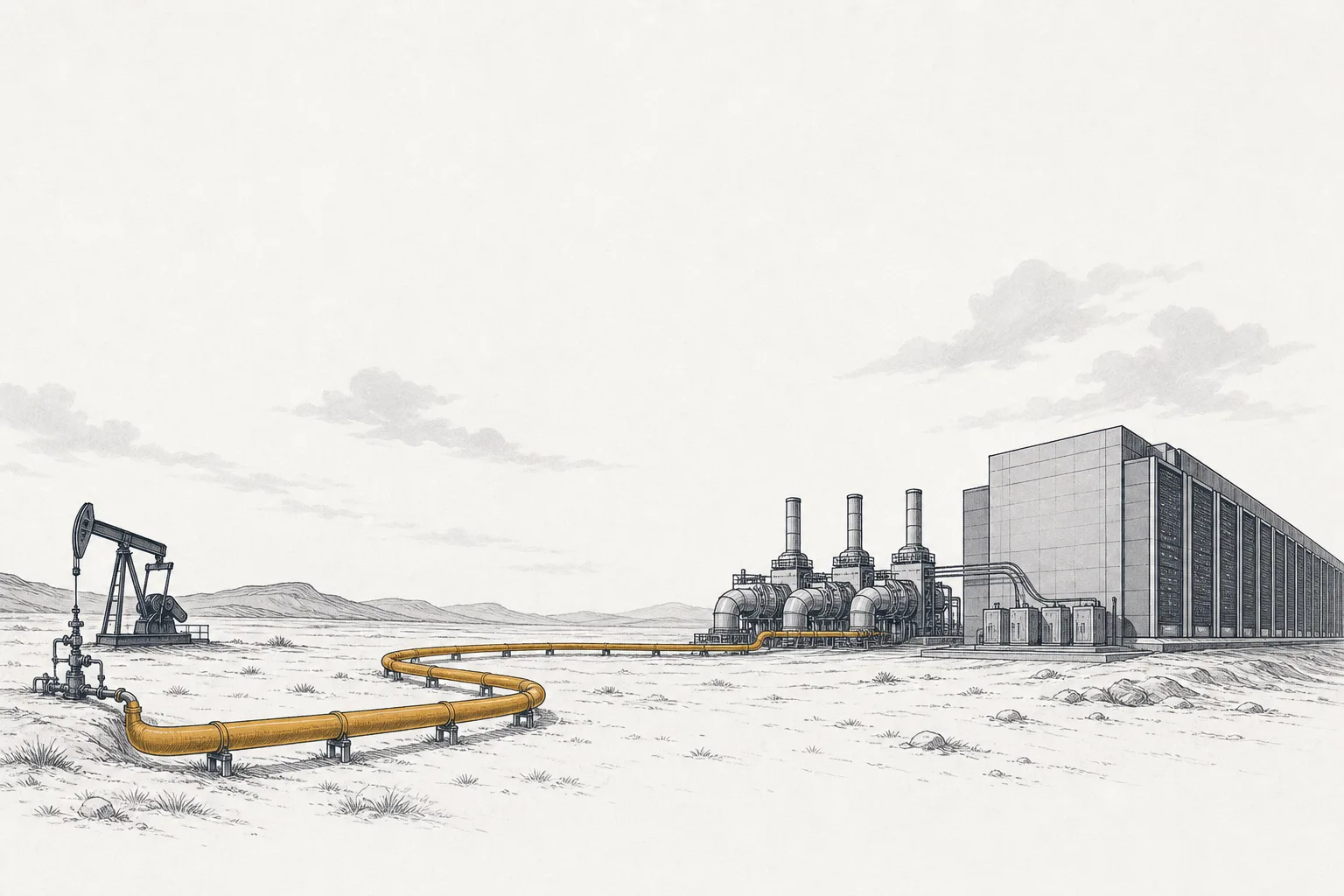 A single continuous conveyor belt runs from a gas wellhead in a wide field, through winding pipelines, ending at a gas turbine that sends power into a massive data-center building.