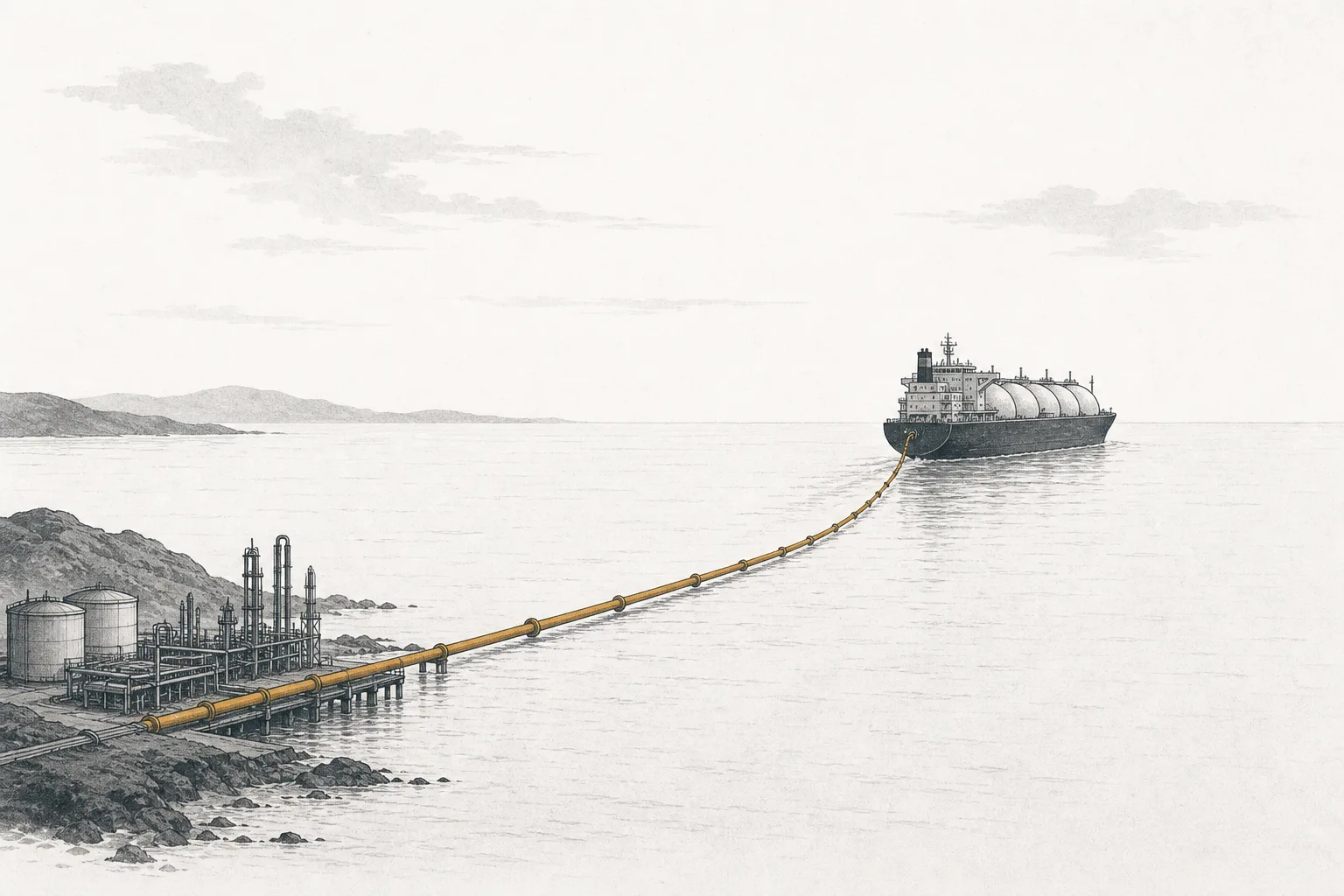 A giant LNG tanker sails out of an export terminal, dragging a long line of gas pipe from the land along with it, conveying domestic gas being pulled away to be sold across the sea.
