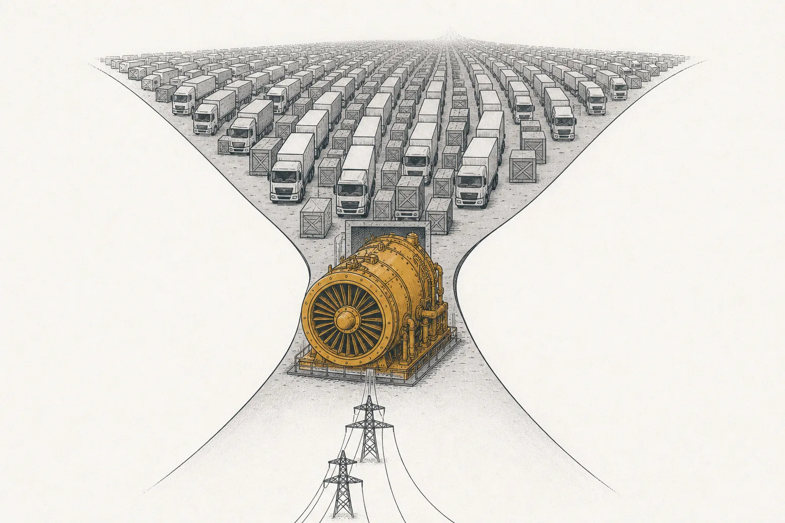 A massive gas turbine stands out as the bottleneck of the production line, with trucks and orders queued up in a long line behind it, conveying demand that overflows capacity.