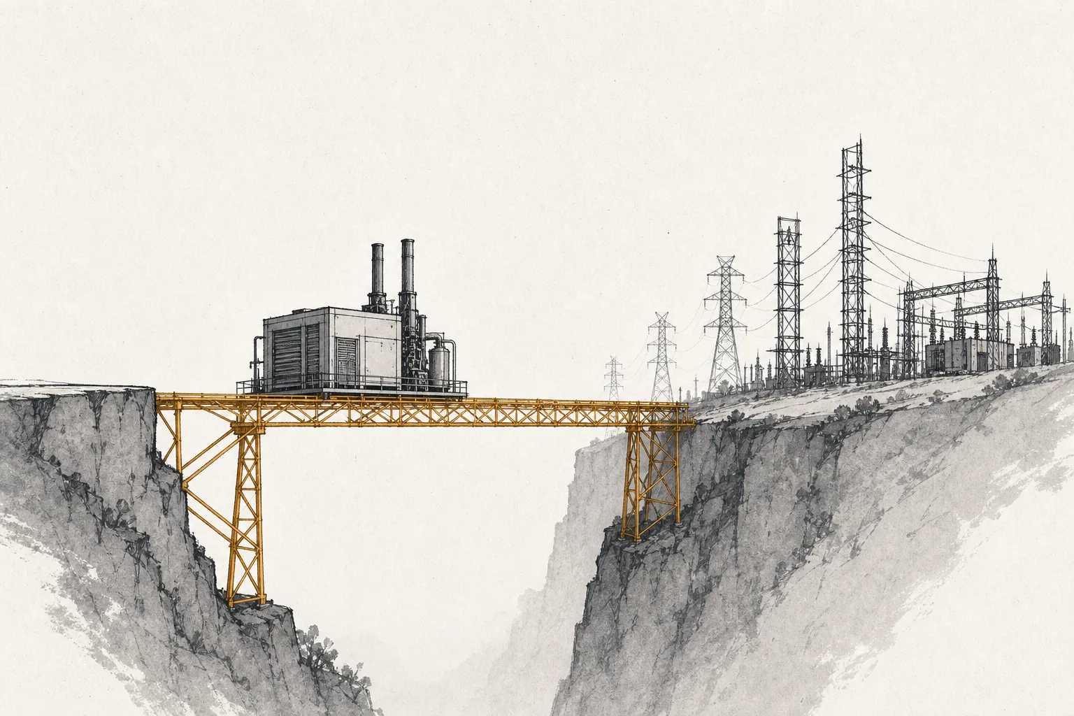 An on-site gas power plant stands on a temporary bridge spanning a gap, with permanent grid transmission towers under construction drawing closer at the far end — depicting on-site power as a bridge-to-grid.