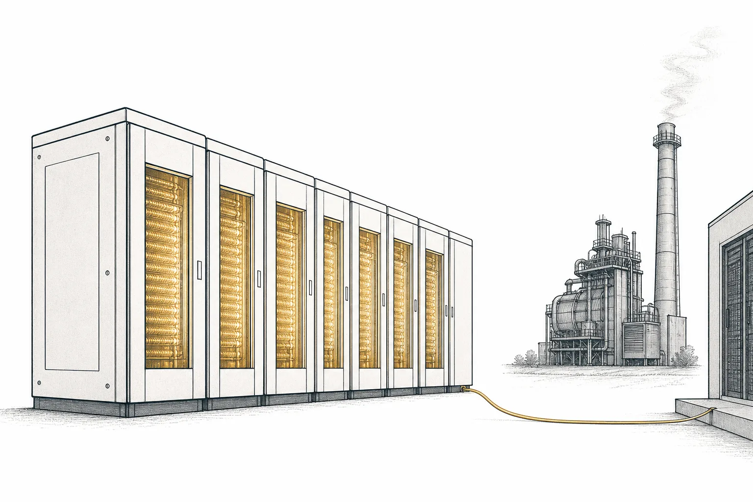 Rows of solid-oxide fuel-cell cabinets stand quietly beside a data center, glowing faintly from a chemical reaction with no flame or smokestack — in contrast to combustion turbines belching hot exhaust.