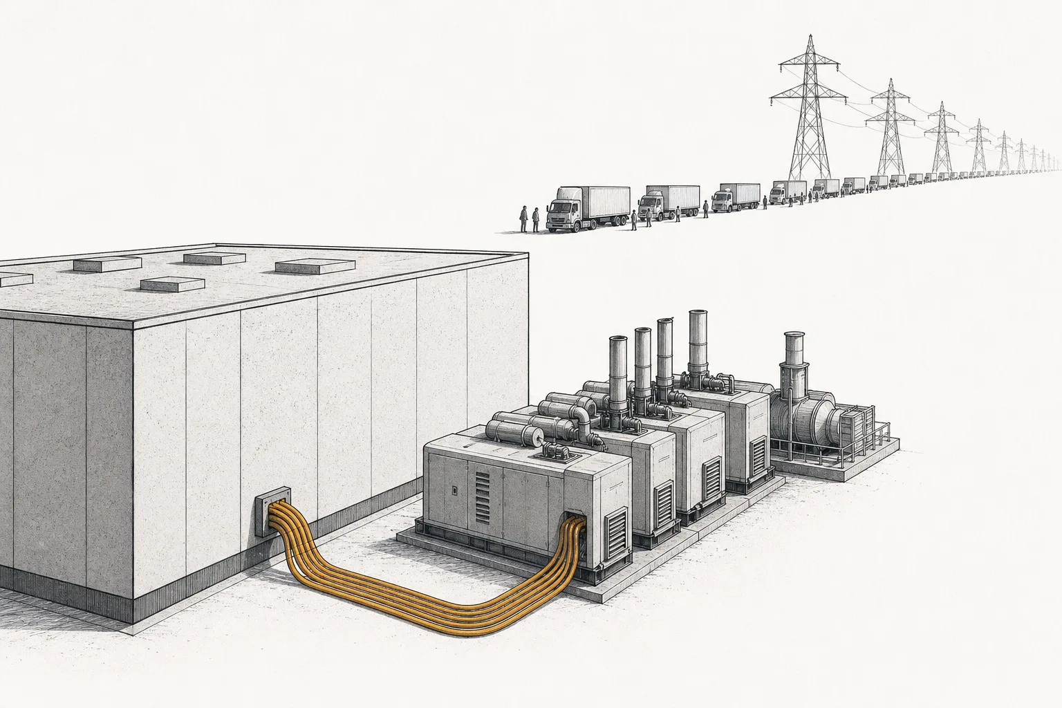 A large data-center building with rows of power-generating machines — gas turbines and fuel-cell cabinets — lined up right beside it, wired in directly, while far off a long line of vehicles waits to connect to the public grid's transmission towers.