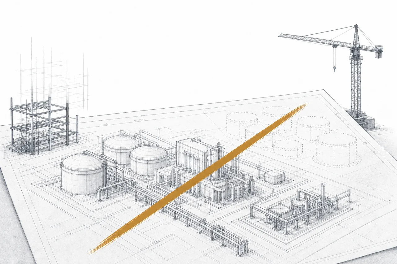 Blueprints of a large hydrogen plant stamped 'cancelled,' with cranes standing idle and scaffolding left half-built