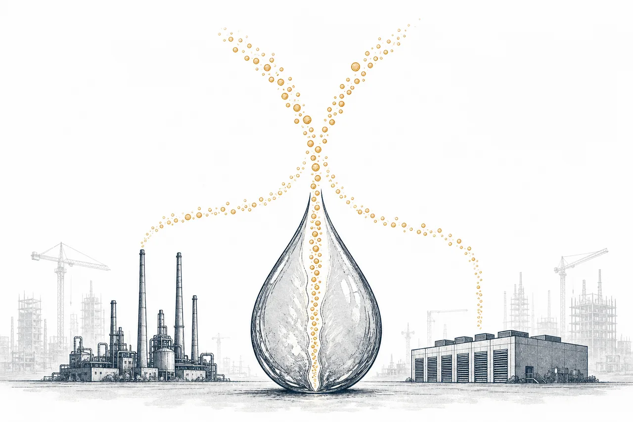 A giant water droplet splits into two streams; a line of hydrogen bubbles rises to feed factories and data centers, while the shadows of cancelled projects stretch out behind it