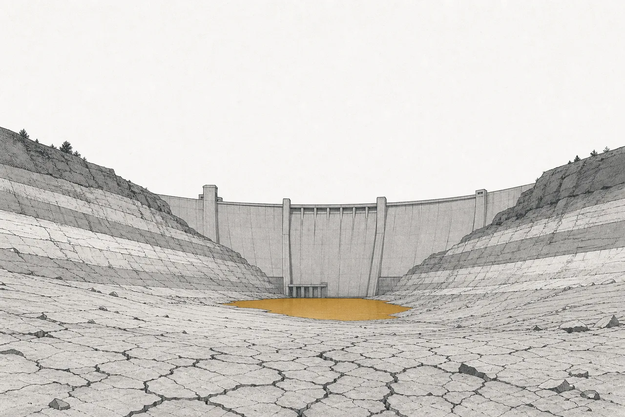 A large dam with its water level dropped so far that old waterlines are visible on the walls — reflecting the impact of drought on hydropower generation