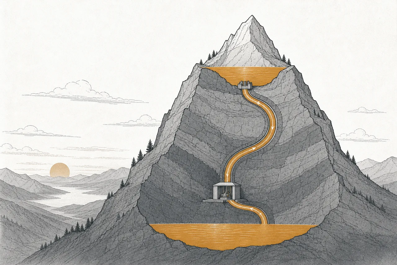 Two stacked reservoirs on a mountain; water from the upper reservoir flows down through turbines in an underground dam to the lower one — like a giant battery made of water and gravity