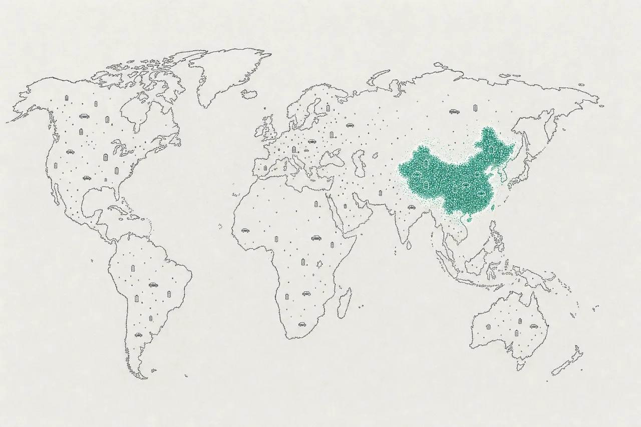 A world map where a huge cluster of electricity dots glows brightly over China, while the rest of the world is lit far more faintly