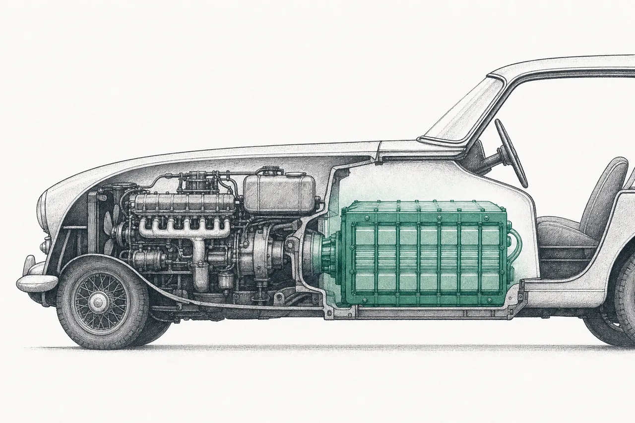 A car's engine bay cut open to show the inside — an old combustion engine being replaced by a glowing battery pack
