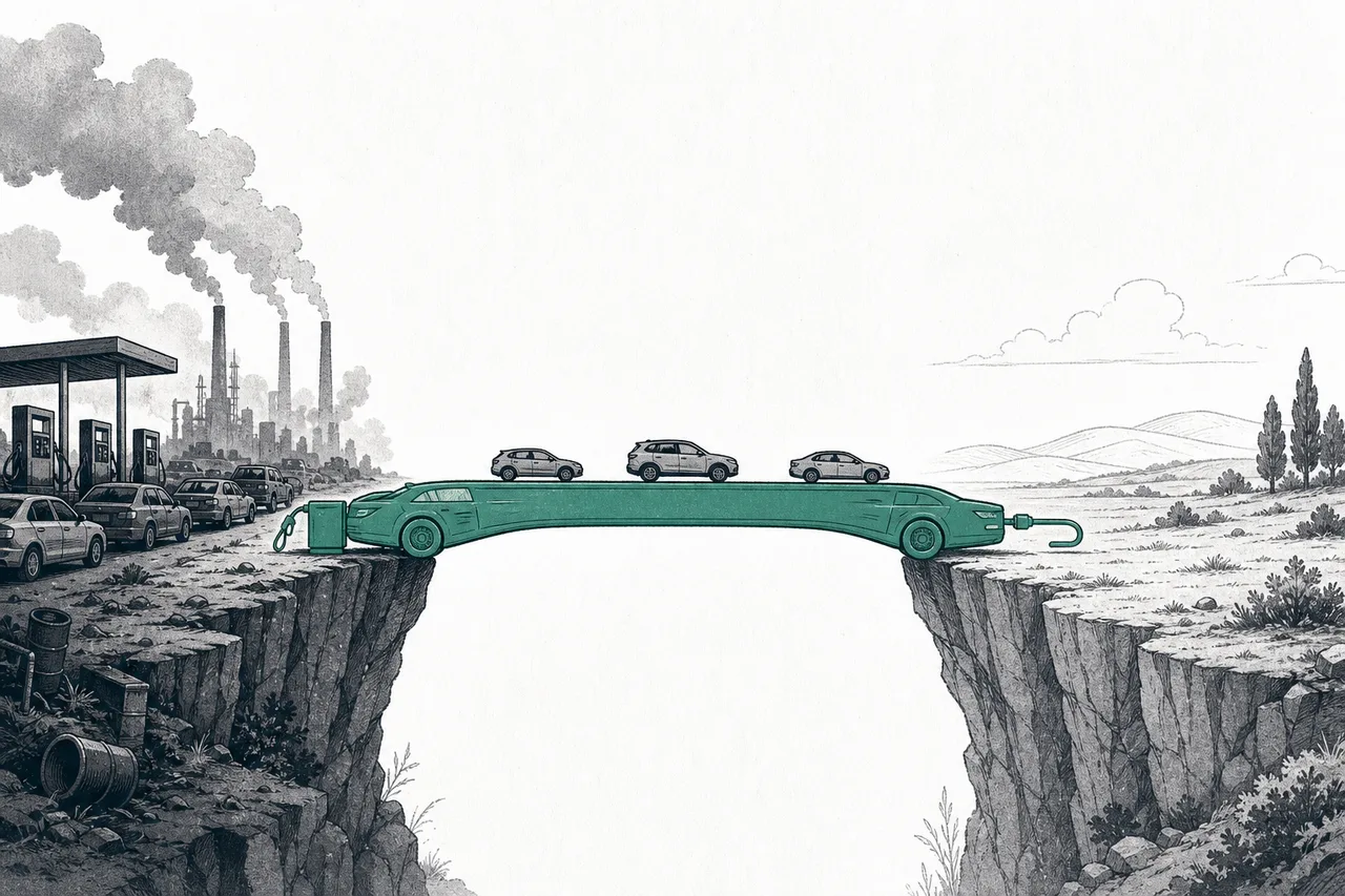 A plug-in hybrid car forming a bridge from the internal-combustion shore across to the full-EV shore