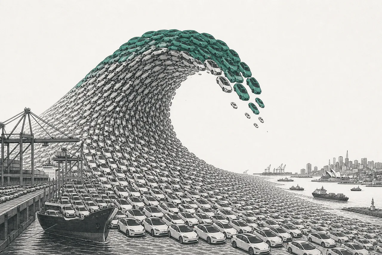 A massive wave of EVs pouring out of a Chinese port, spilling across the ocean to markets around the world