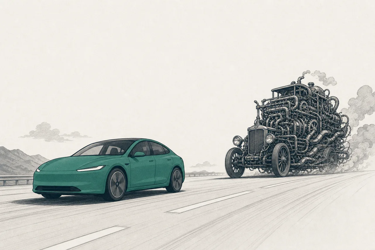 A simple EV racing out front, pulling away from a gas car full of complex gears as it gets overtaken