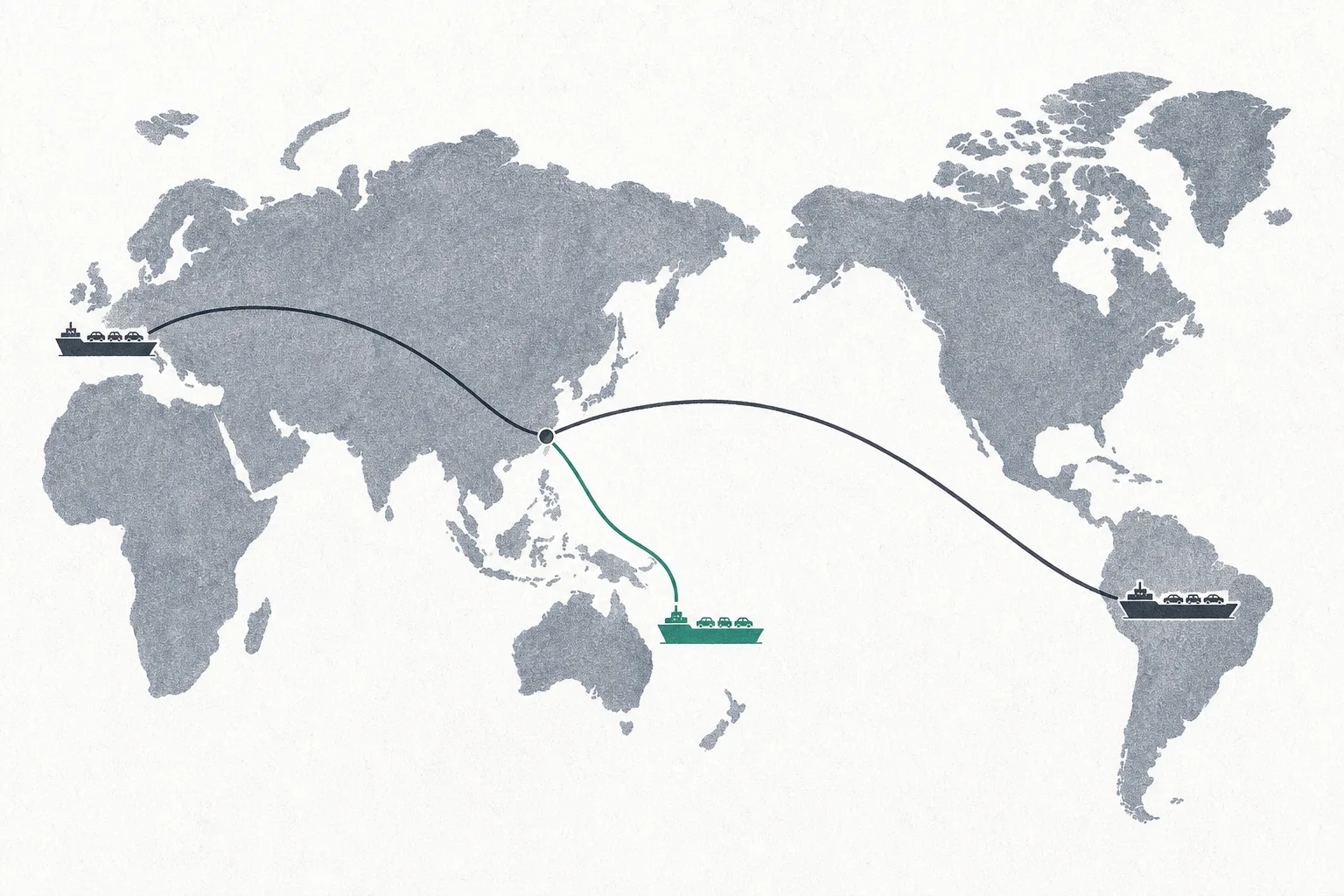 A world map with car-carrier shipping routes sailing out of China to Europe, Southeast Asia, and Latin America.