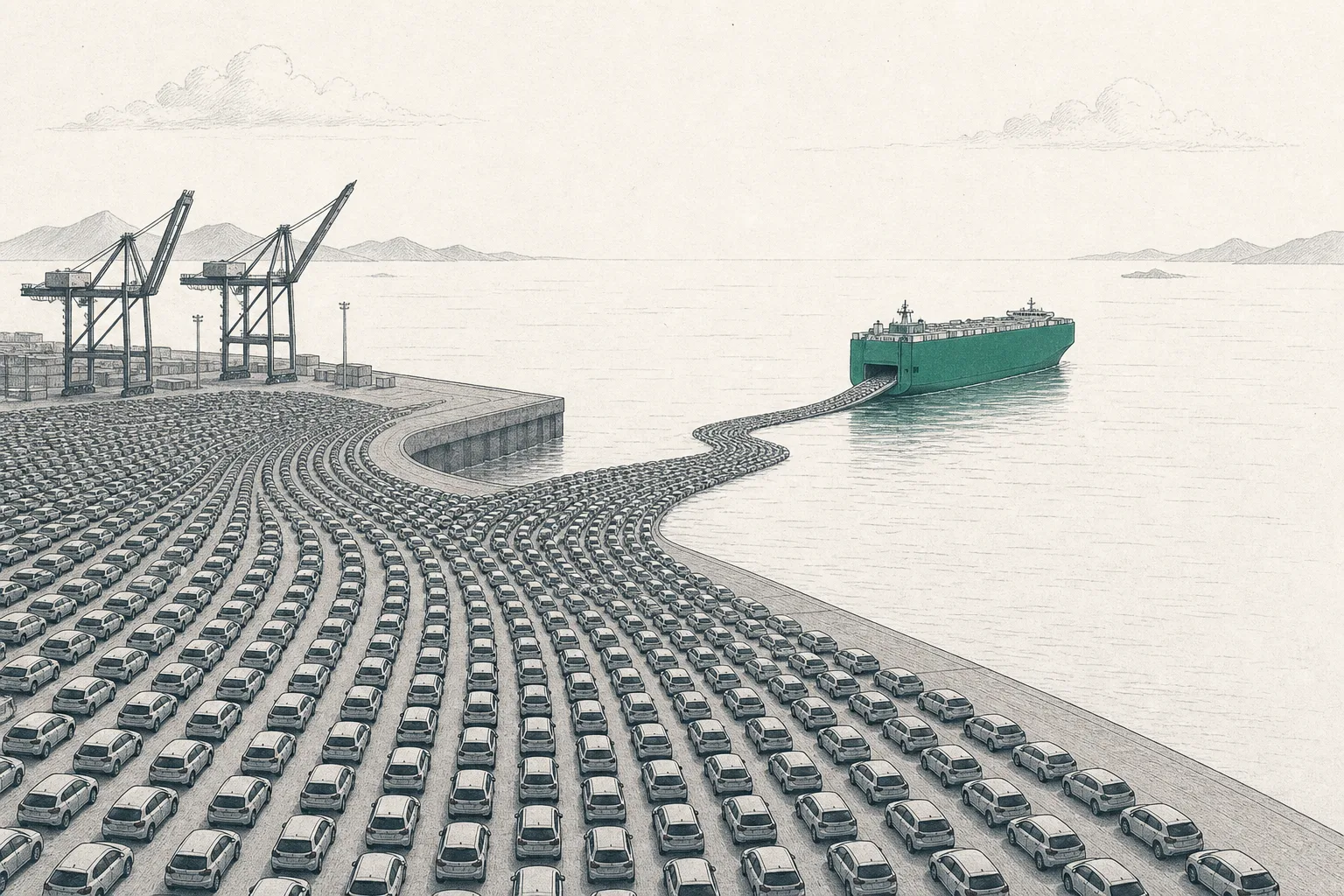 A massive wave of electric vehicles pours out of a Chinese port, lined up in long rows spilling out toward the ocean and markets around the world.