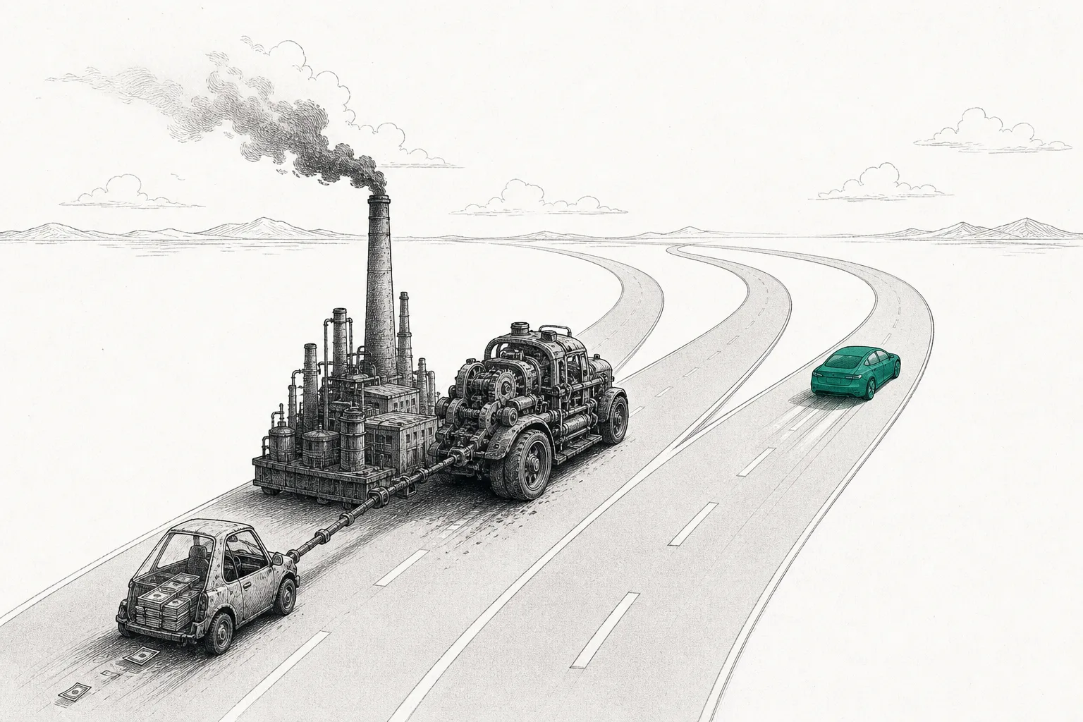 Three forks on a single road. A sleek pure-play car leads down one path, a huge legacy giant lumbers slowly while dragging the burden of an engine factory behind it, and a small startup car whose fuel tank is a dwindling pile of cash